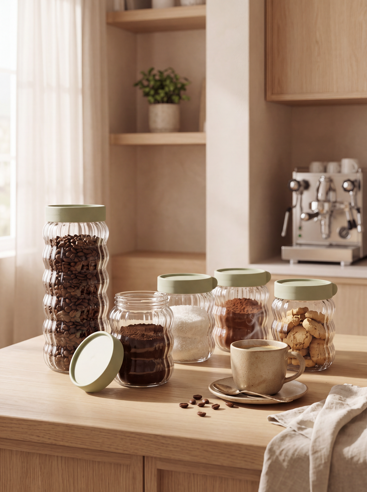 Set verde salvia - 1 recipiente 1000ml + 4 recipientes 500ml
